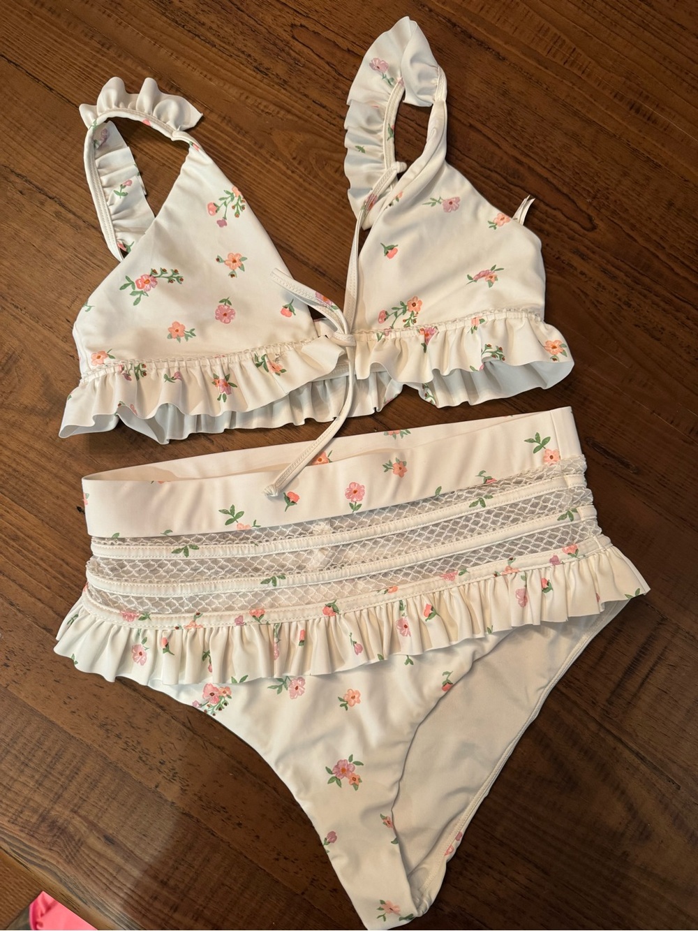 Tularosa Cream Floral Ruffle Bikini Set bottom M top S